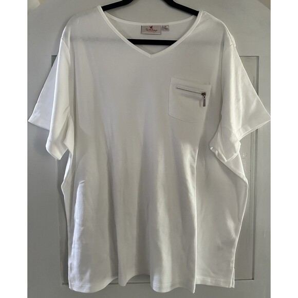 Quacker Factory V Neck Short Sleeve White Top W/ Zip Rhinestone Accent Pocket 3X - Picture 1 of 4